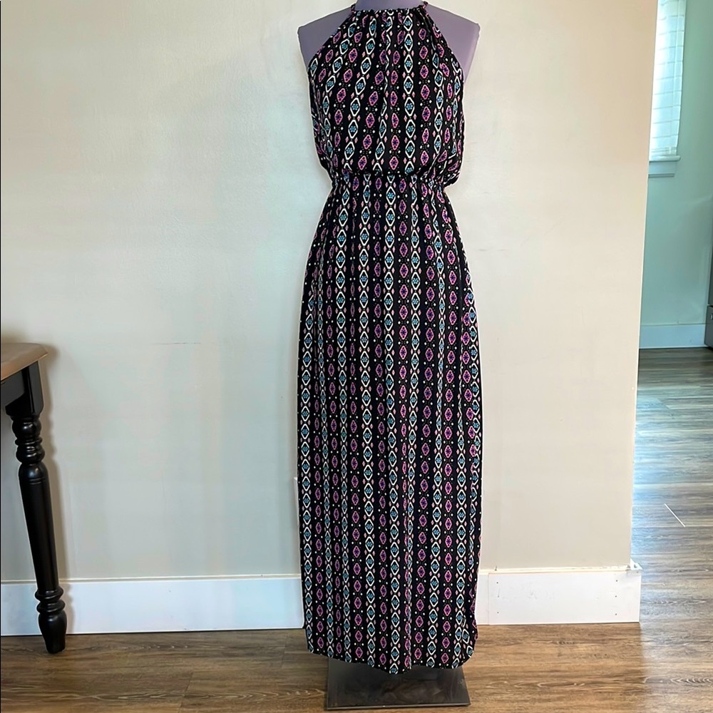 Pink Rose Black/ Pink/Blue Patterned Maxi Dress, size Small